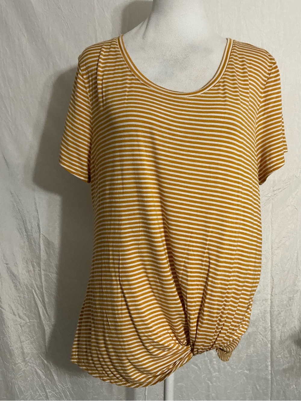 nine britton Mustard and Cream Striped Short Sleeve Knot Hem Tee